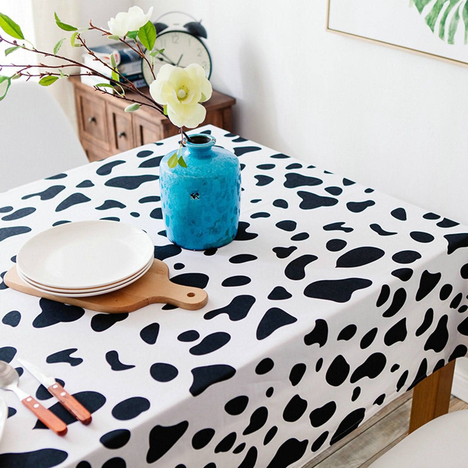 Nappe De Table Rectangulaire Pinic Tissu Impression Vache Coton Enduit Noir Blanc Décoration Protection 140X220Cm
