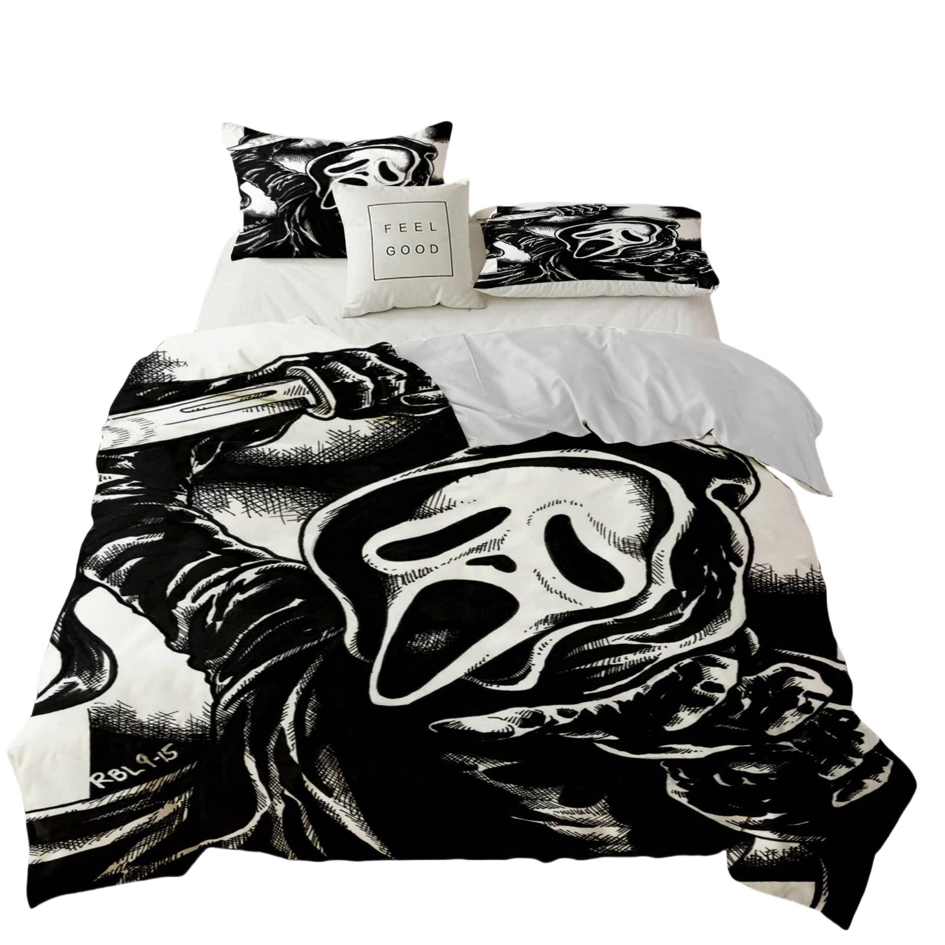 DLAYLQZG Horror Movie Halloween Skeleton Duvet Cover Black Cloak of Death Scythe Spectre Bedding Set 3Pcs Microfiber Screaming Skull Mask Quilt Cover with 2 Pillowcase (Black2,Double 200x200cm)