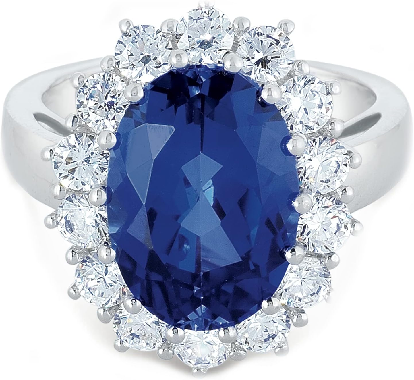 925 Sterling Silver Created Sapphire 7-5/8Ct Oval Cocktail Ring. Size 7