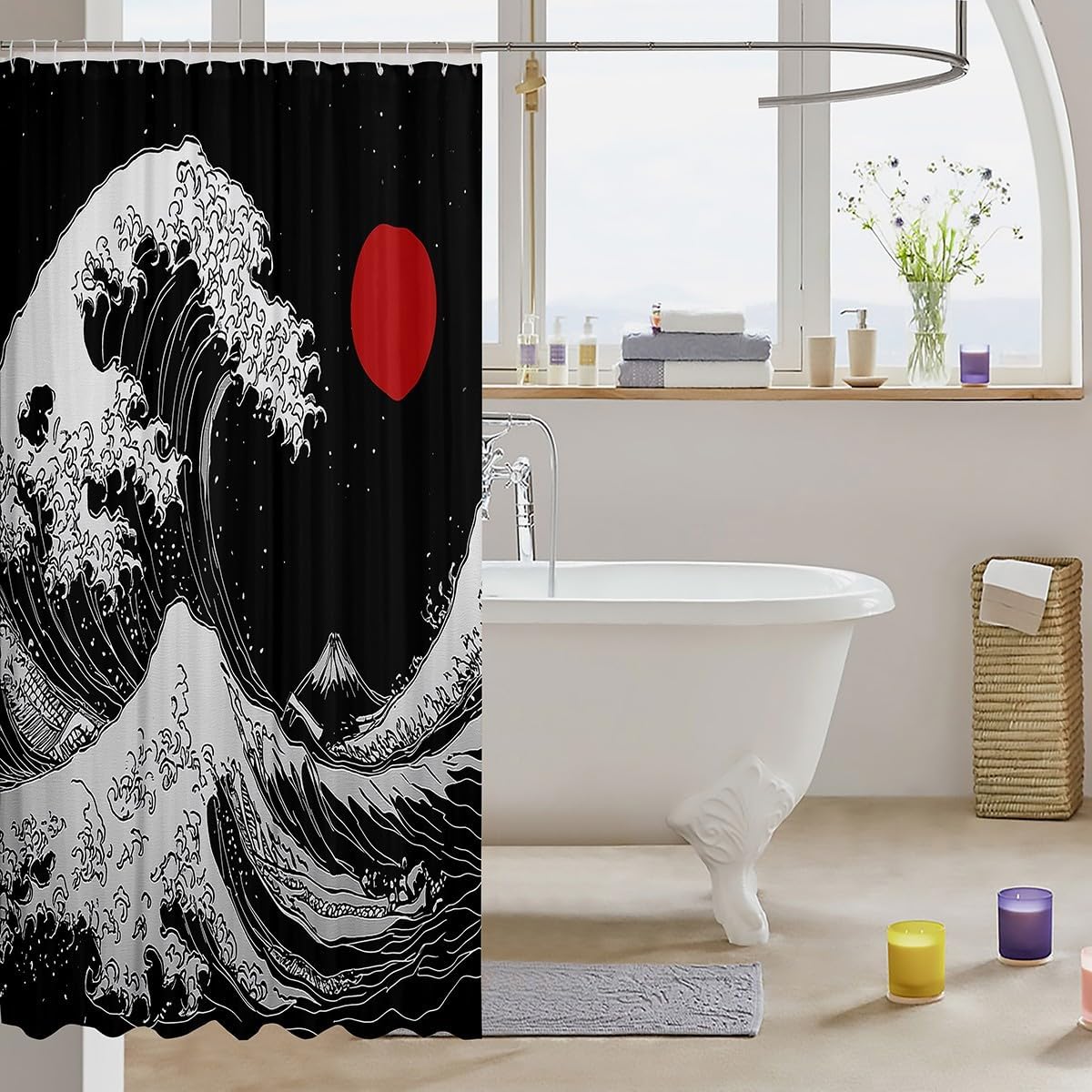 jejeloiu Japanese Wave Shower Curtain 72"x72" Ocean Wave Sunset Bath Curtain for Boys Girls Teens Japanese Ukiyoe Mount Fuji Bathroom Shower Curtain Set Sea Waves Kids Bathroom Accessories Black White image 3