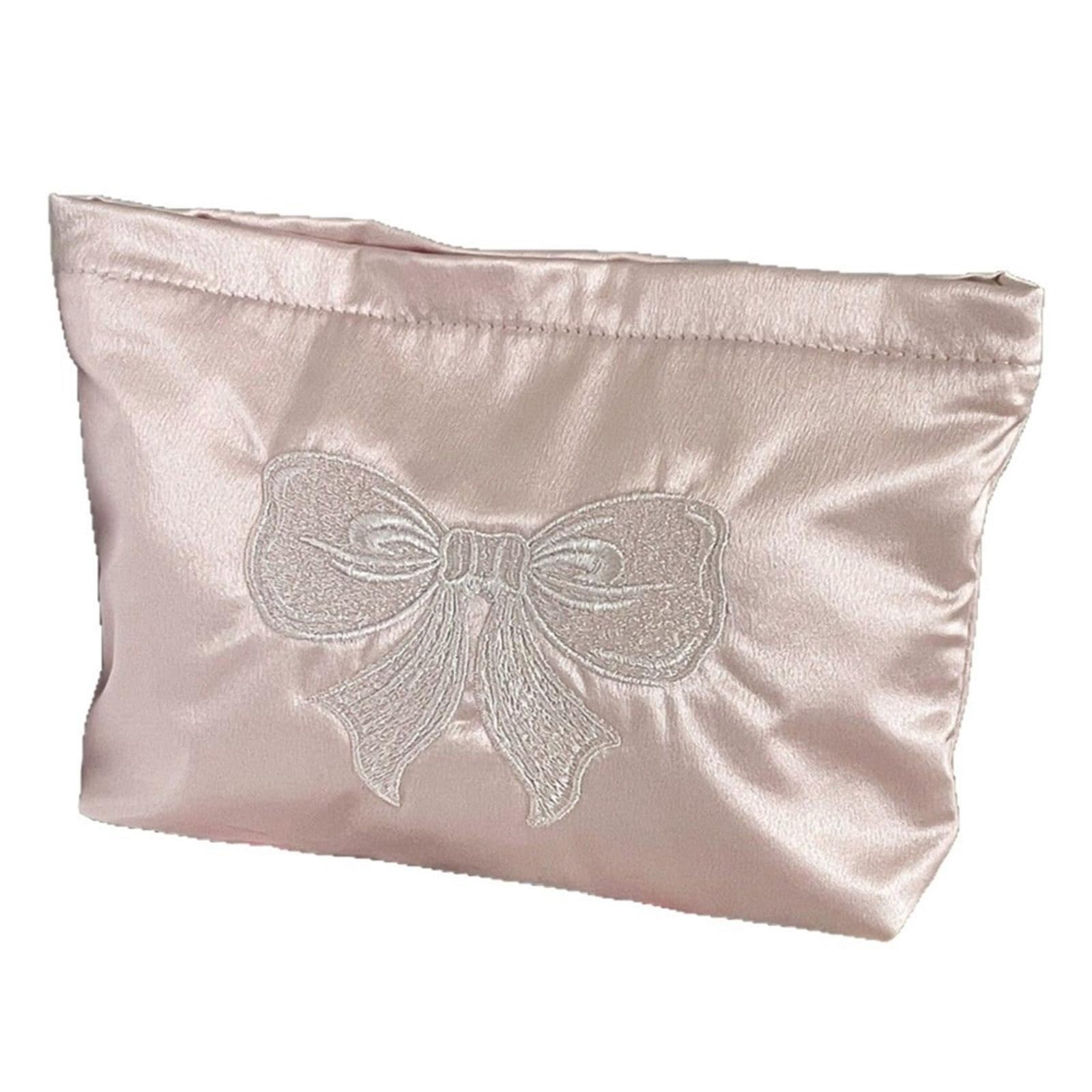 Tsophreniq Satins Cosmetic Bag Shimmering Pinkness Bowknot Design Spacious Makeup Organiser Women Girls Girls Satins Toiletry Travel Bag Portable Skincare Organiser