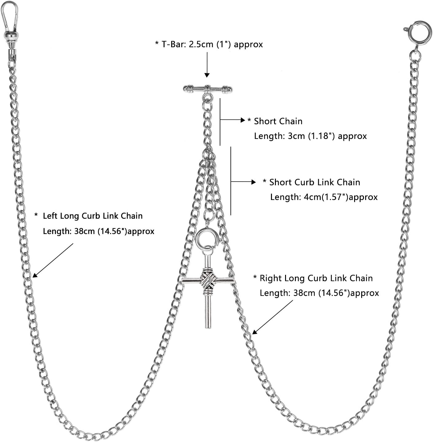 TREEWETO Men's Double Albert Chain Pocket Watch Curb Link Key Chain 3 Hooks with Antique Cross Pendant Design Charm Fob T Bar