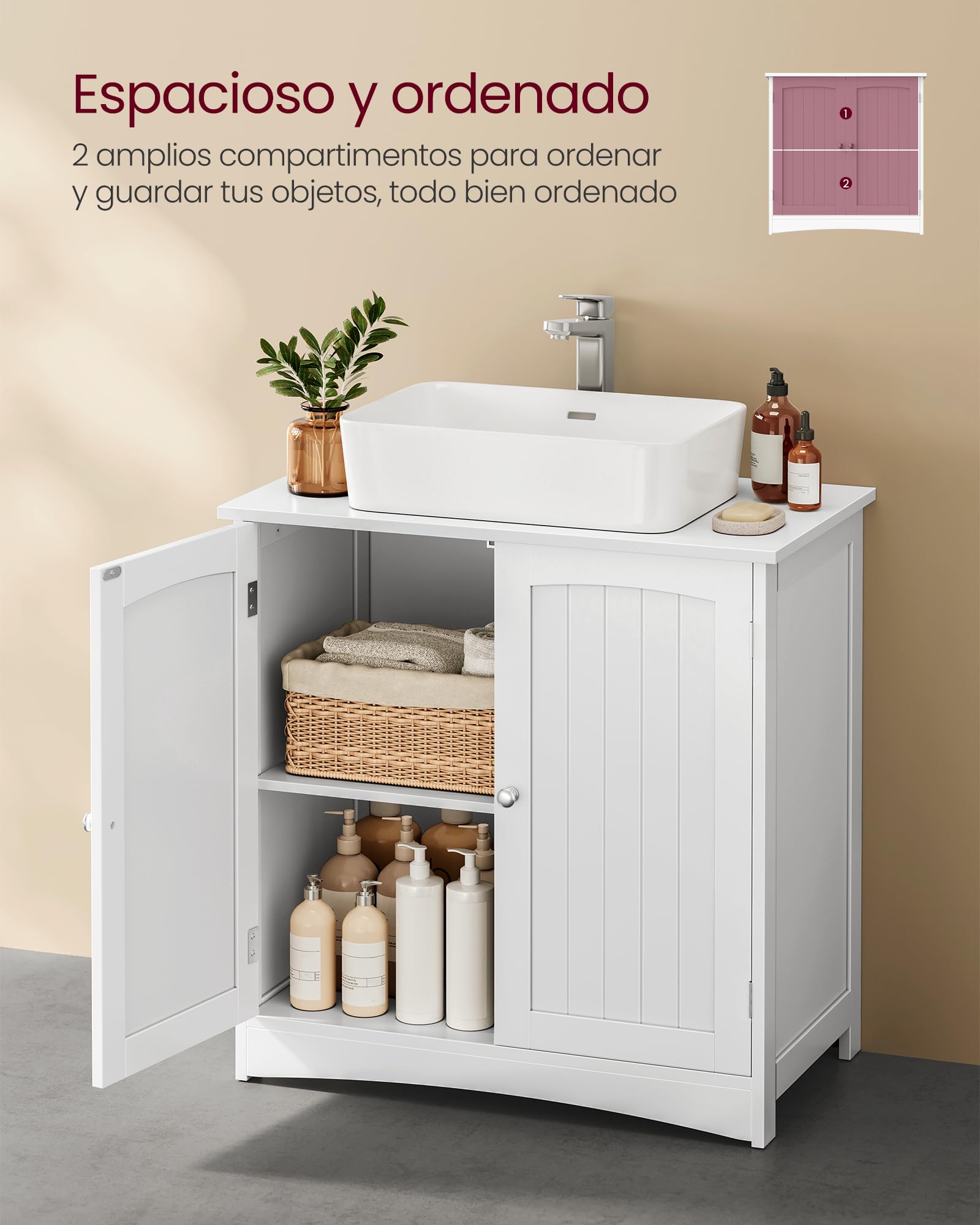 VASAGLE Aramrio de Lavabo, Armario Debajo de Lavabo, Mueble de Baño, con 2 Puertas, Estante Ajustable, Amplio Espacio de Almacenamiento, Estilo Moderno, 40 x 70 x 70 cm, Blanco Nube BBC011W01