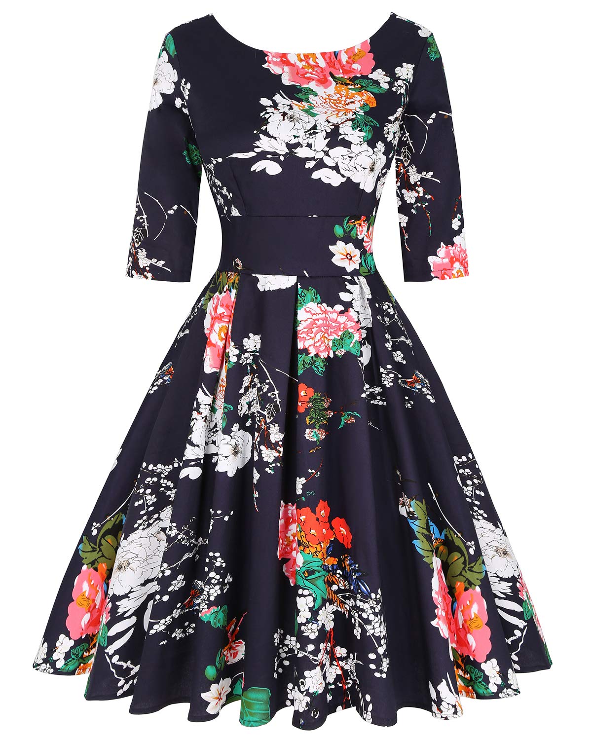 Mintlimit Women's Floral Navy #2 Vintage Dresses, Floral Print 1950'S Rockabilly 3/4 Sleeve Swing Dress Floral Navy,Size Xxl