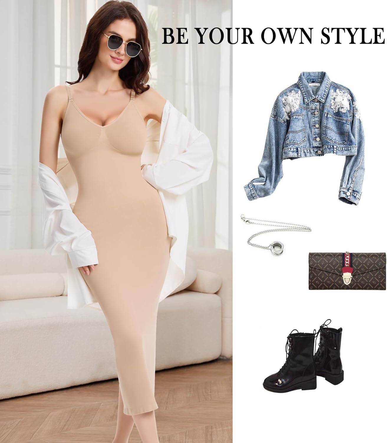 Shapewear Slips For Under Dress Tummy Control V Neck Long Full Slip Dresses for Women Body Shaper Seamless with Adjustable Strap Beige S - Image 8