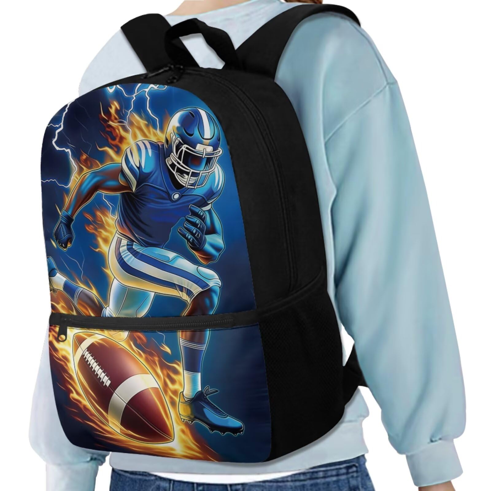 COEQINE Mochila negra para niños de 5 a 10 años con fiambrera, 4 bolsas escolares con llavero portátil, estuche para lápices, mochila para laptop, Football Player Dark Blue Lightning Flame, M