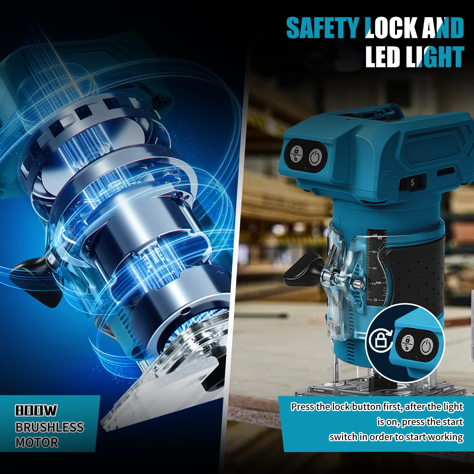 Makita 18V Fresa a Batteria 800W Senza Spazzole 5 Velocità 6,35mm 30000 giri/min