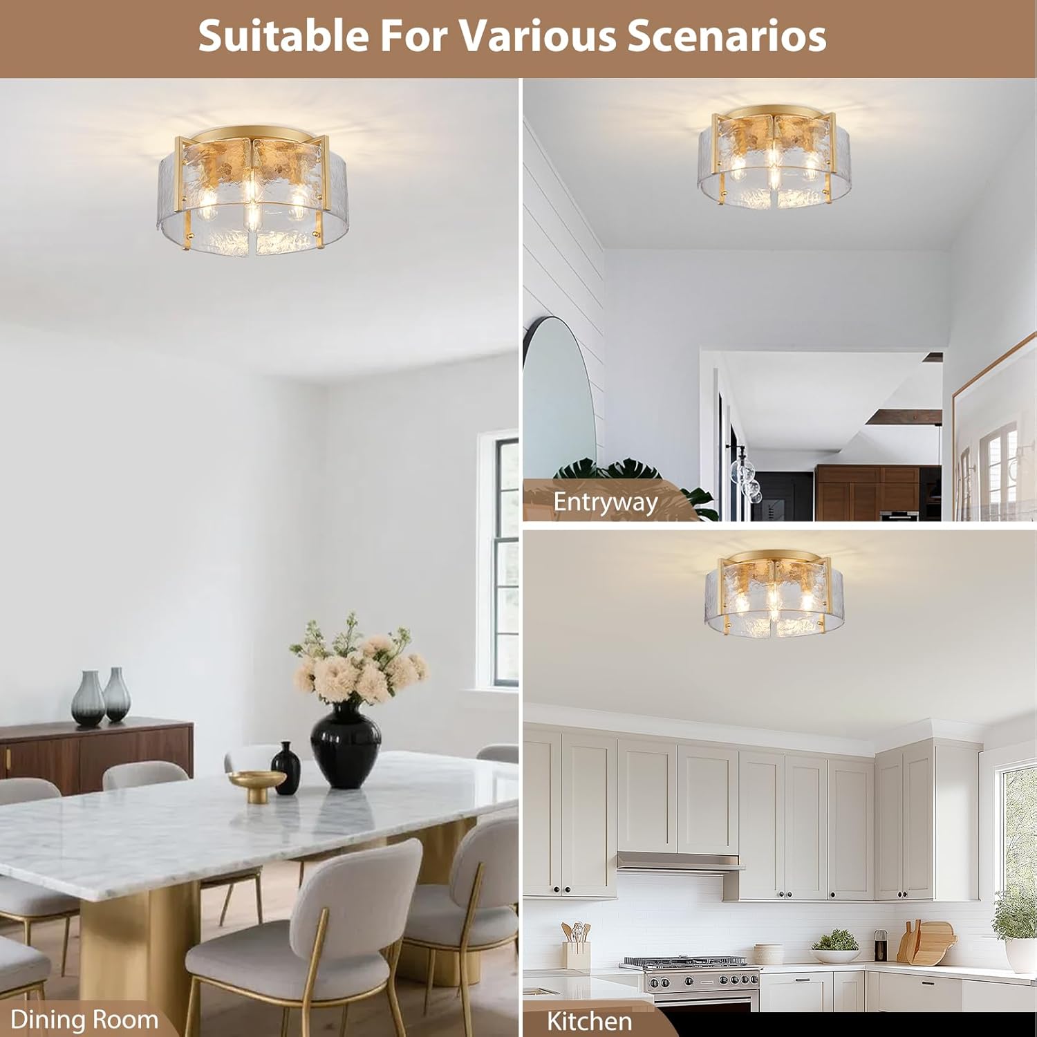 17.3" Modern Gold Semi Flush Mount Ceiling Light Fixture Glass 4-Light Close to Ceiling Lamp for Hallway Entryway Kitchen Island Dining Room Foyer Bedroom Laundry