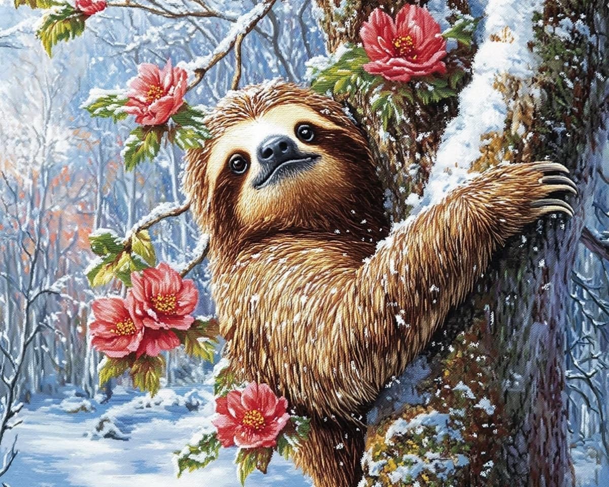 AxiangziK Cross Stitch Kits for Adults 12x16in,Sloth in the Snow Stamped Cross Stitching Ornament Kits for Beginners,Counted Embroidery Needlepoint Home Decor Gift