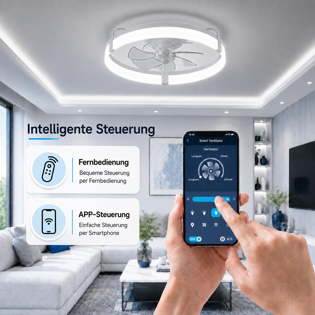 Deckenventilator mit Licht und Fernbedienung, 50 cm LED Deckenventilator, 6 Geschwindigkeiten, Timer, 3000K-6000K dimmbar, leiser Ventilator mit Lampe für Schlafzimmer, Wohnzimmer und Esszimmer, Weiß