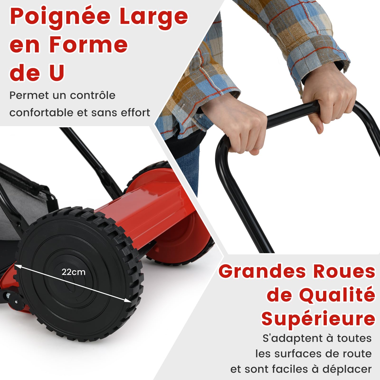 GOPLUS Tondeuse à Gazon Manuelle 18,5L Sac de Ramassage Lame Tranchante Coupe Hauteur Réglable