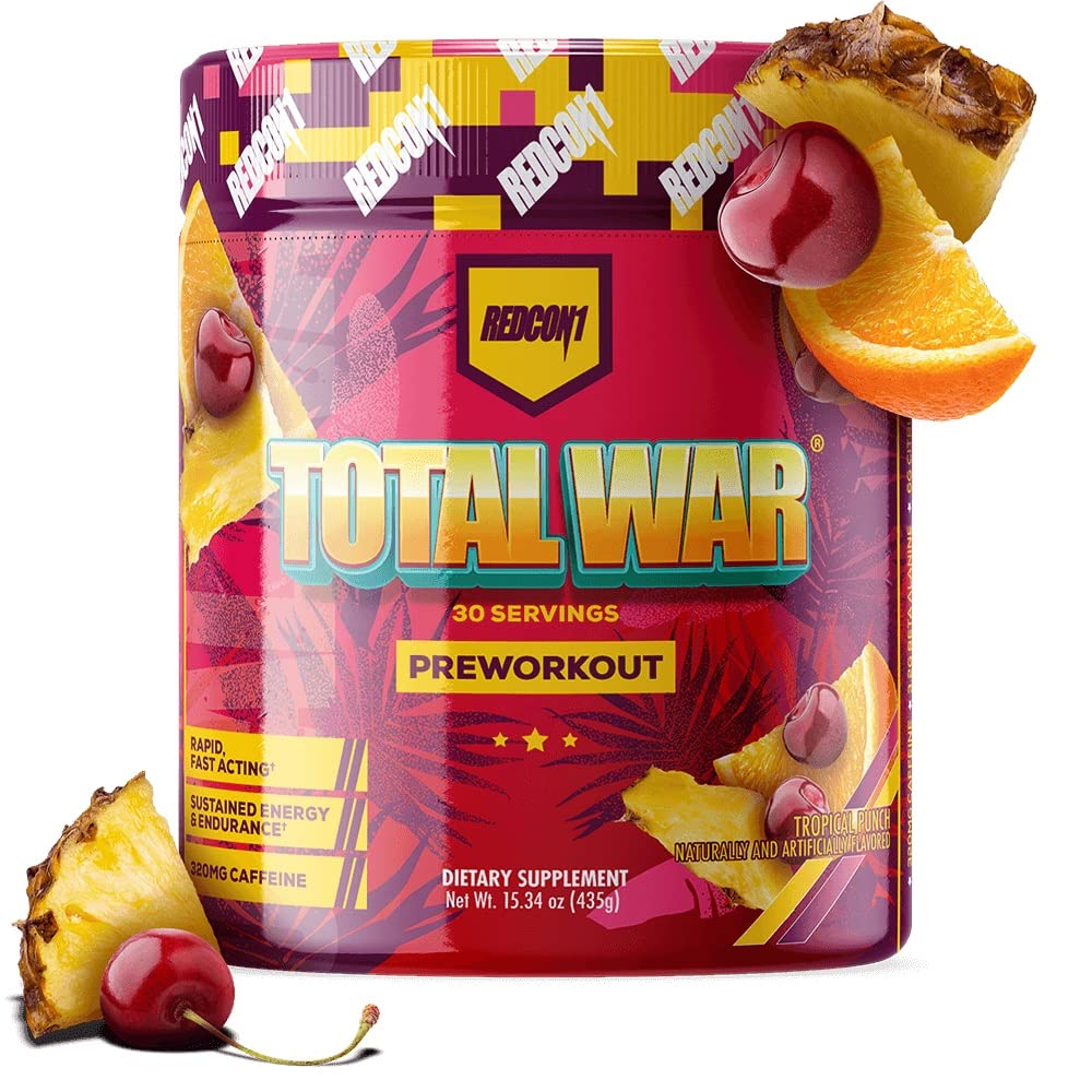 REDCON1 Total War Pre Workout, Boost Energy, Increase Endurance, Pump & Focus,6g Citrulline Malate, 2gNitric Oxide Booster 3.2g Beta-Alanine, 350Mg Caffeine, Tropical Punch 30 Servings