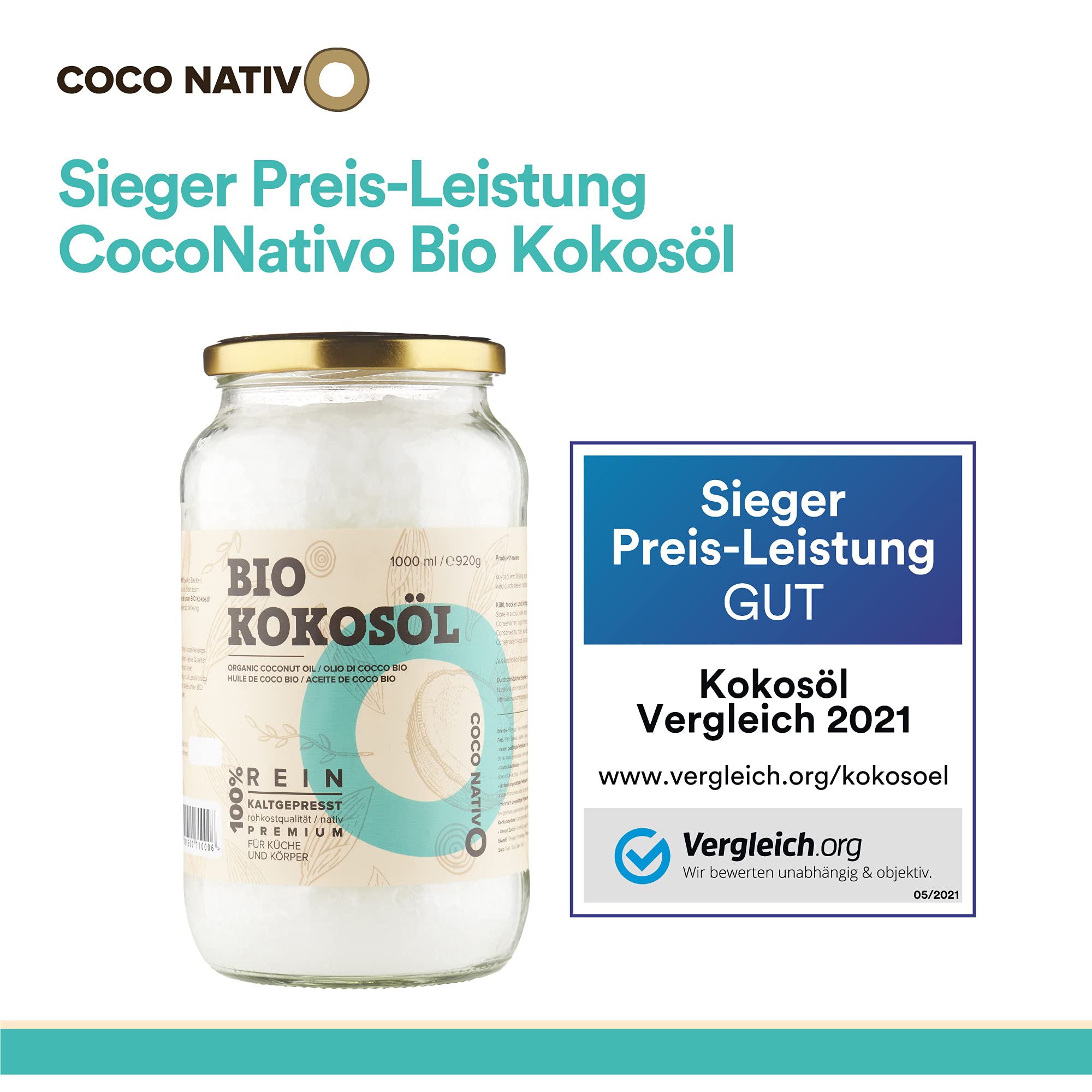 Bio Kokosöl CocoNativo - 1000mL (1L) - Bio Kokosfett, Kokosnussöl, Premium, Nativ, Kaltgepresst, Rohkostqualität, Rein (1000ml) - zum Kochen, Braten und Backen, für Haare und Haut