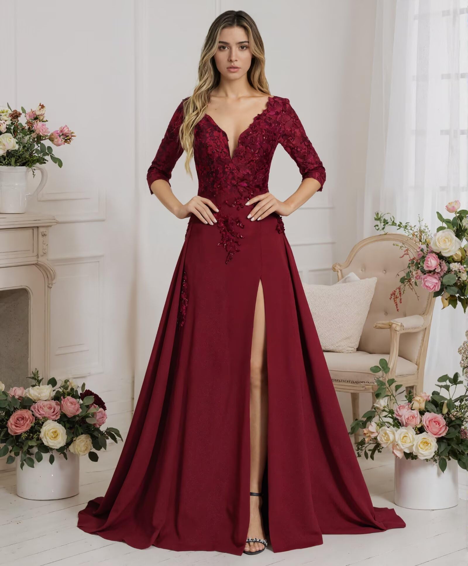 Sincemeet Abito da Sposa per la Madre della Sposa in Chiffon con Applicazioni in Pizzo e Scollo a V, Abito da Donna per la Madre dello Sposo