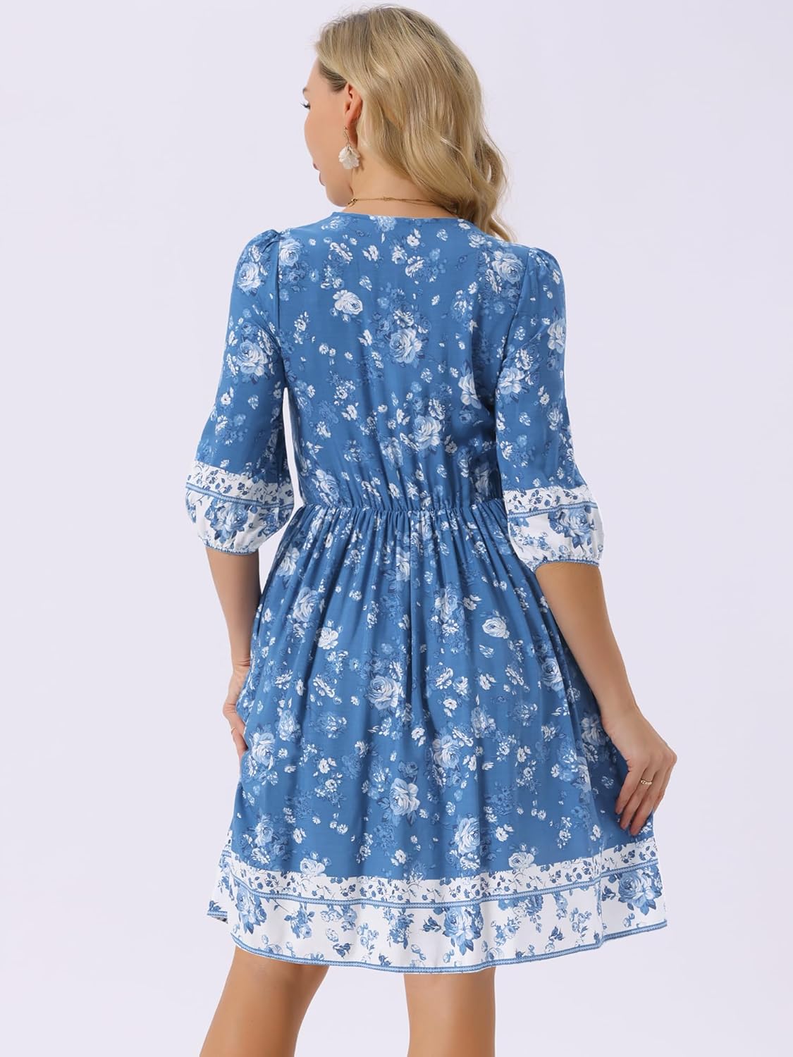 Seta T Women's Floral Dresses V Neck Half Sleeve Drawstring Waist Flowy Casual Summer Boho Dress with Pockets - Image 4