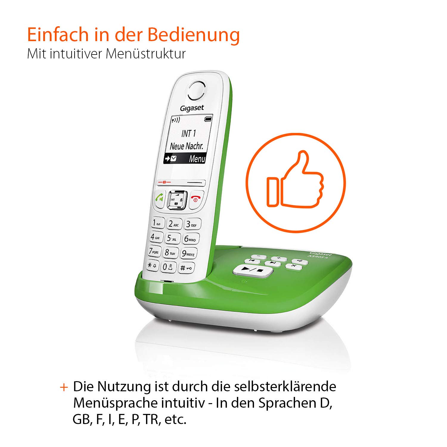 AS405A Festnetz-/Schnurlostelefon Anrufbeantworter (DECT-Telefon, Freisprechfunktion, großes Display, große Tasten) grün