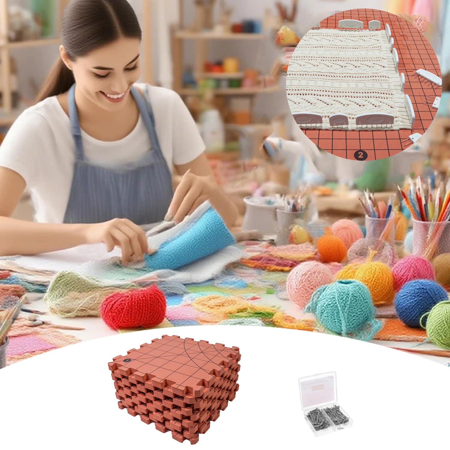 Lot De 9 Tapis De Blocage Pour Tricot,Tapis De Blocage Tricot,Planches De Blocage Très Épaisses Avec Grilles Avec 25 Bloqueurs De Tricot Et 100 Épingles En t Pour Travaux d'Aiguille Ou Crochet(Rouge)