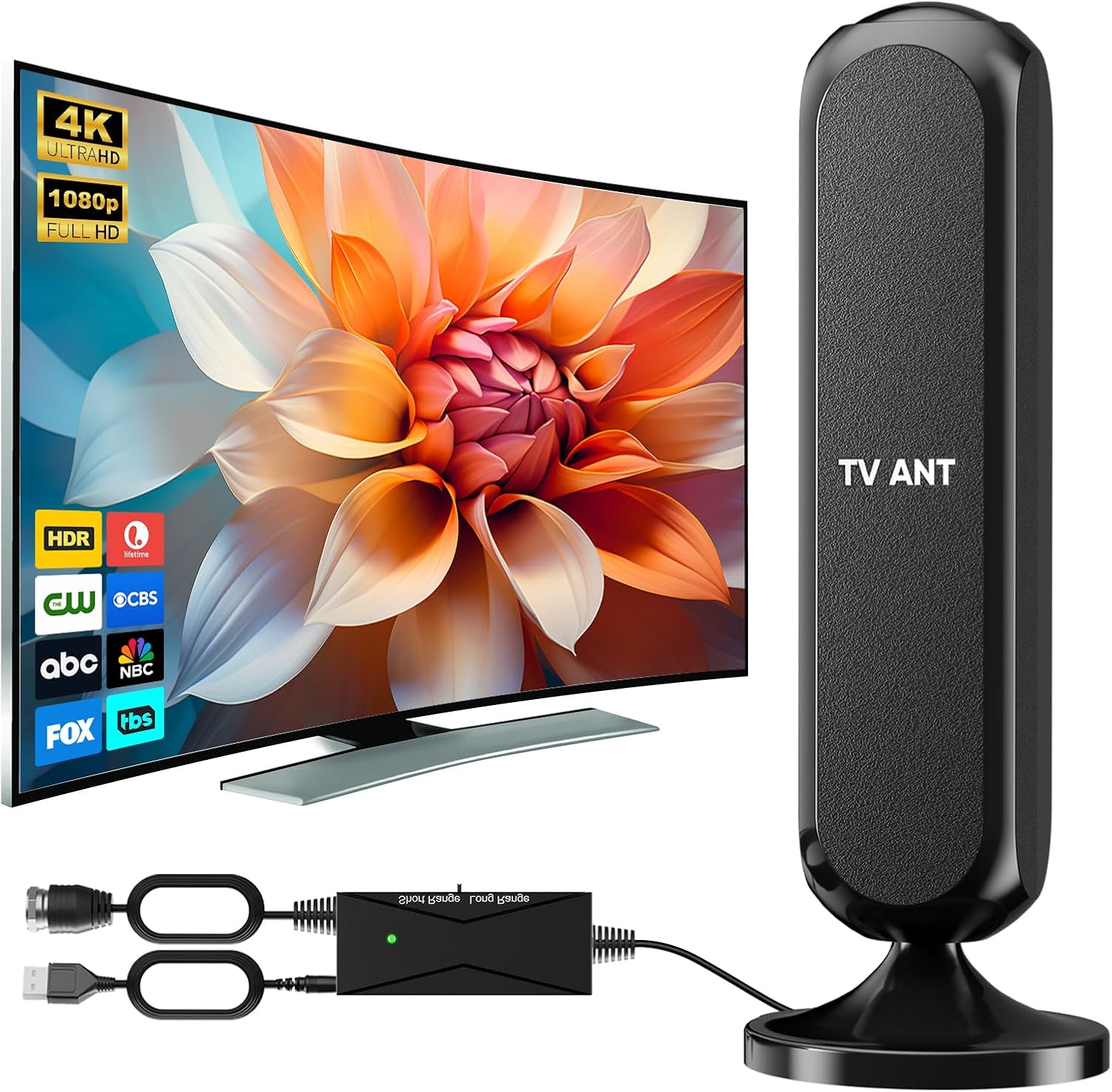 TV Antenna Indoor for Smart TV Digital HD Antennas Long Range Reception for Local Channels 4K 1080P with Amplifier Signal Booster 15ft Long Cables Style1-Column