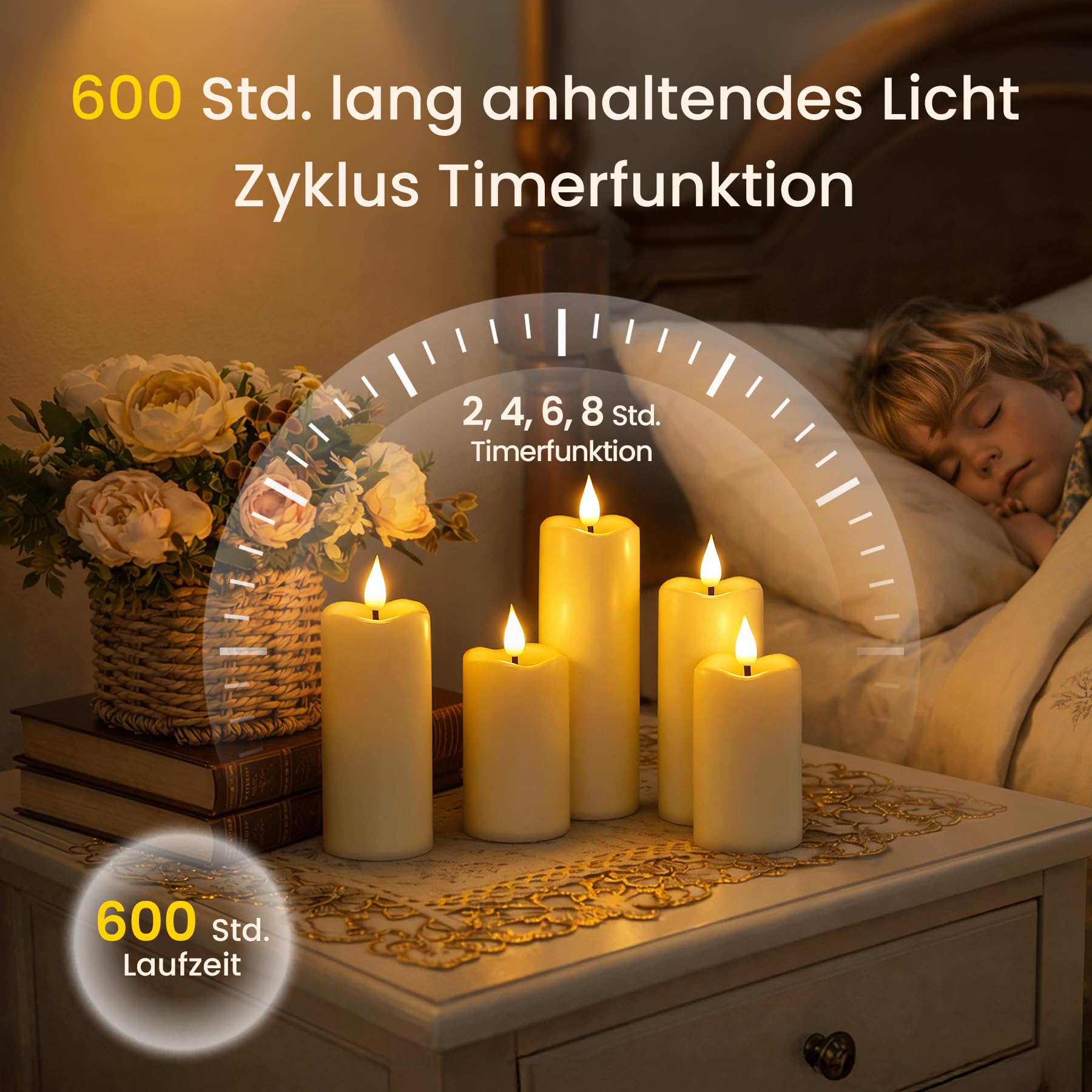 Yeelida Batterie flackernde LED-Kerzen, Packung mit 8 flammenlosen elfenbeinfarbenen Kunststoffkerzen mit Fernbedienungen und Zeitschaltuhr, die über 600 Stunden halten(5,3cmx 11, 14, 17cm)