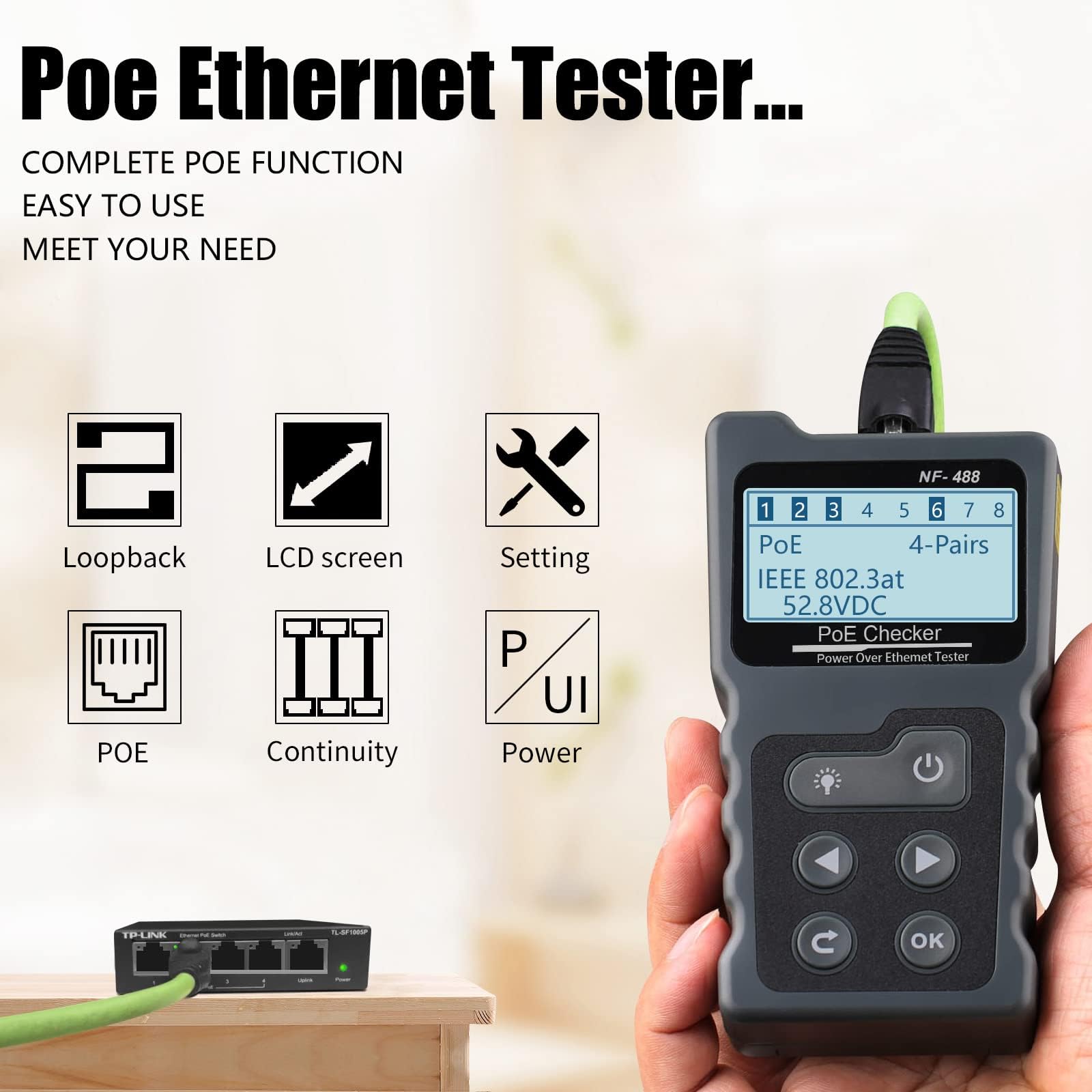 Tester di rete RJ45 con display LCD, tester per cavi NF-488 con funzione POE per verificare il cortocircuito, lo stato di interruzione di cavi di rete Cat5/Cat6, test di tensione e corrente