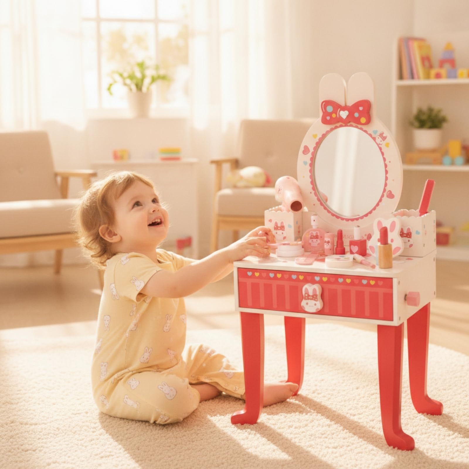 Tocador con Espejo Compacto Mesa Maquillaje con Espejo Resistente Mueble para Niñas, Niños