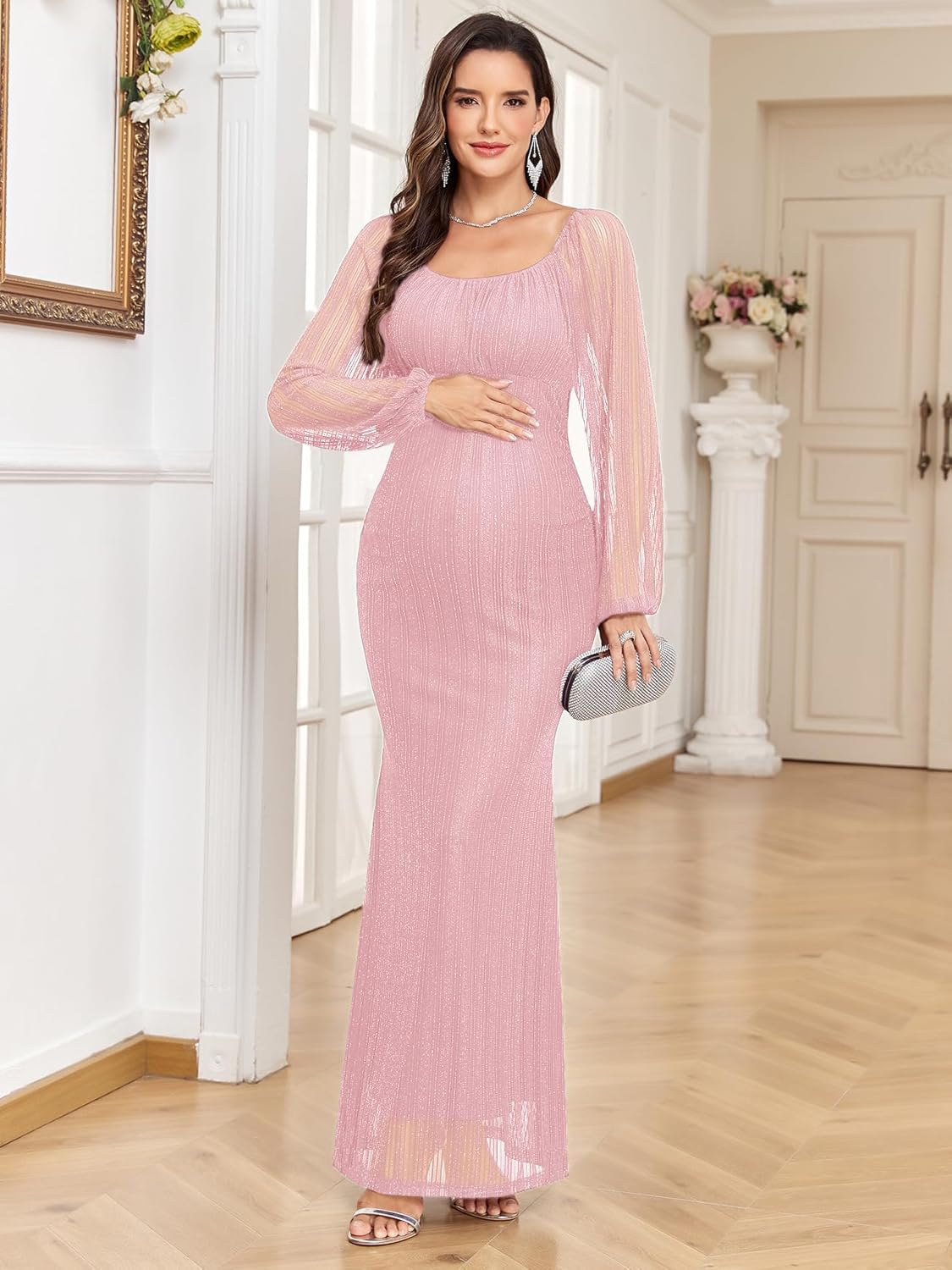 AISWI Sparkly Mesh Maternity Dress Long Sleeve Square Neck Baby Shower Pregnancy Dresses for Photoshoot Semi Formal