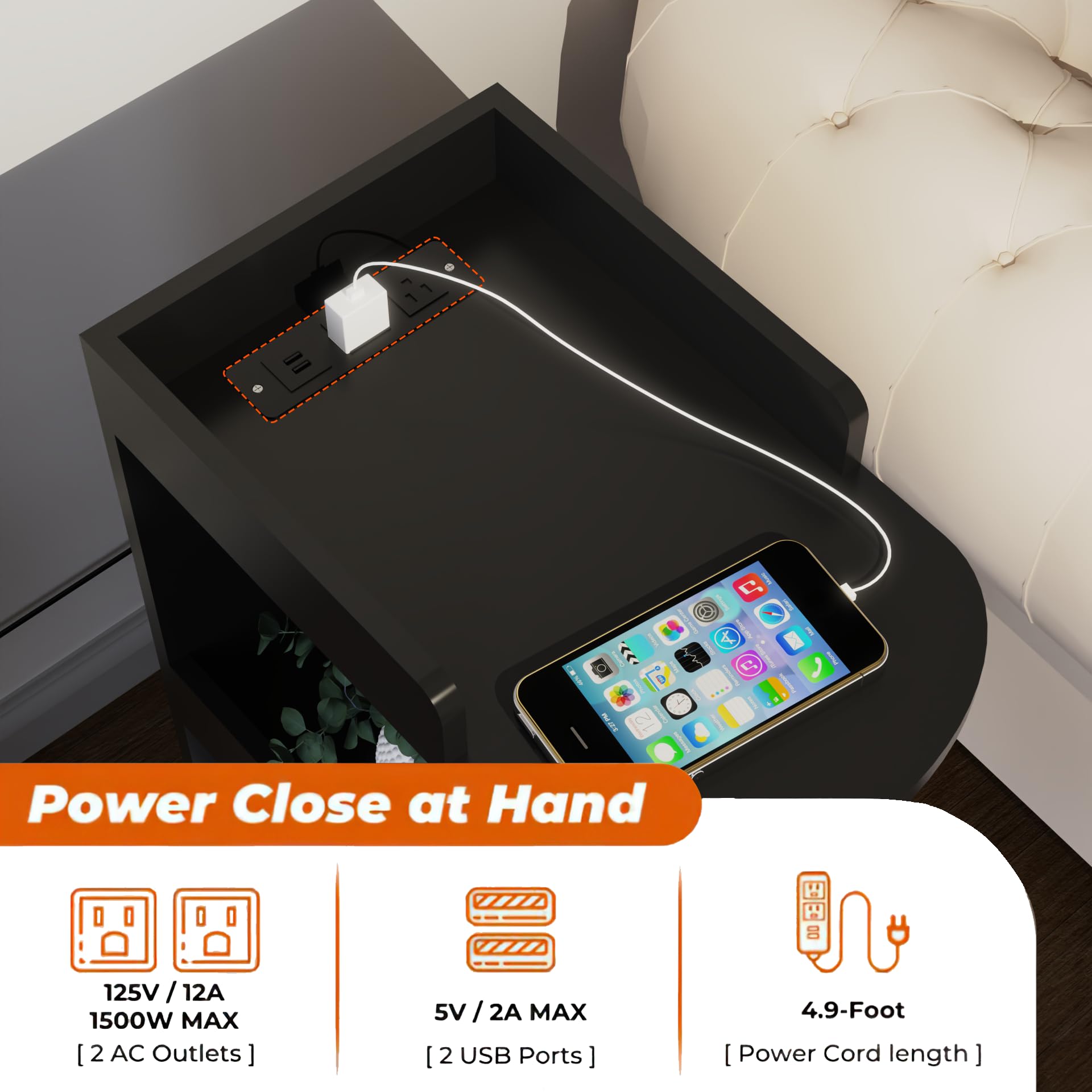 teelishly Side Table,Bedside Table E Shaped End Table for Couch,Night Stand Sofa and Bed, Large Desktop E Table for Living Room, Bedroom 1-Packâ€¦ (Black, 4-Tier)