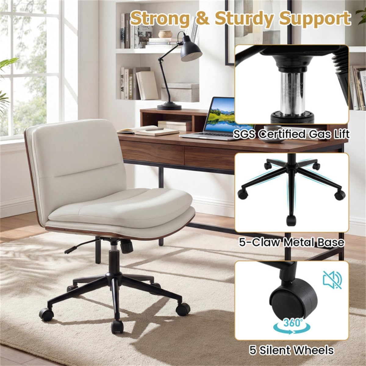 Armless Office Chair Ergonomic Backrest for Superior Back Comfort Height Adjustable Rocking Home Office Desk Chair Wide Faux Leather Upholstered Computer Chair 360° Wheels for Bedroom Study White