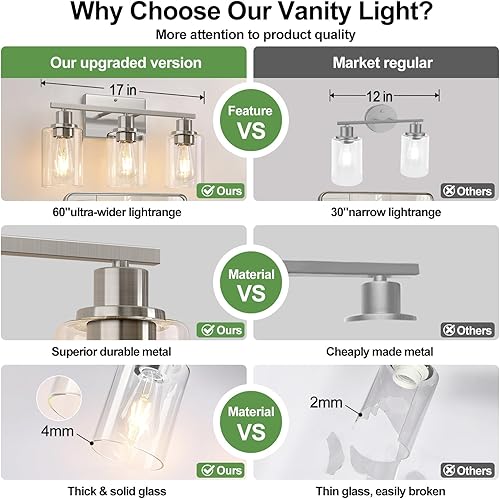 Miniatura 89 de Lámparas de baño de 3 luces, luces de tocador de latón para baño con pantallas de vidrio transparente, modernos apliques de pared de baño