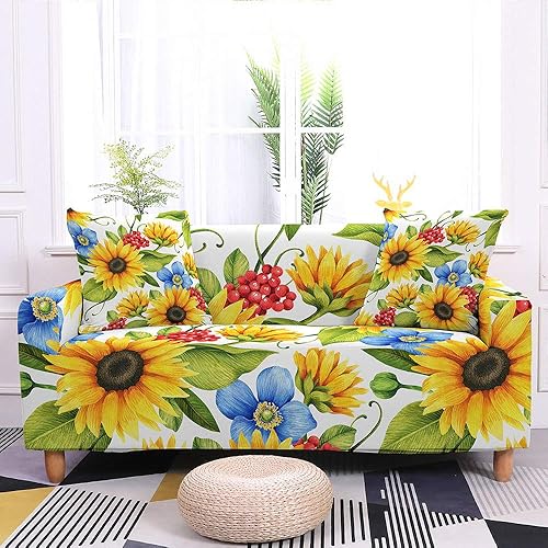 ERNZI Fundas para sofá, súper elásticas, color amarillo, girasol, azul, crisantemo, blanco, lavable, de microfibra, para sillón, sofá biplaza o sala