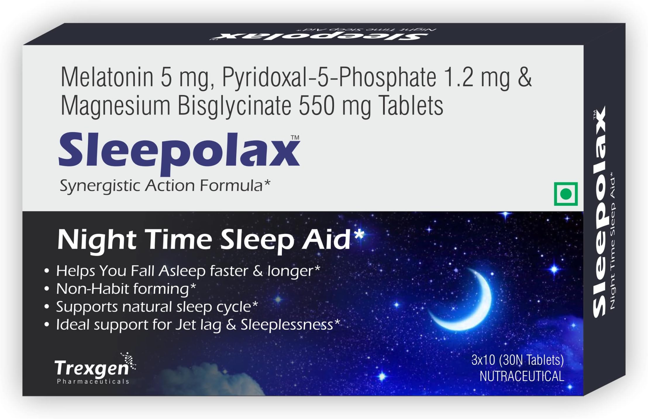 Trexgen® SLEEPOLAX Advanced Quck Action Sleep Support Triple Action formula Melatonin 5 mg, B6, P5P & Magnesium bisglycinate Tablets (30 Tablets)