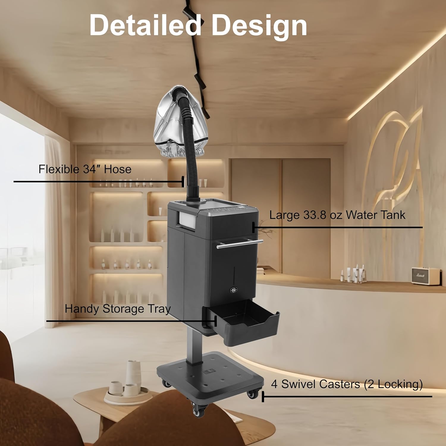 Nano Mist Hair Steamer, 500W Professional Hair Care Machine with 7 Temp & 4 Mist Modes, 34in Hose & Wheels for Scalp Detox, Coloring, Perming, Home Salon Use, 110V