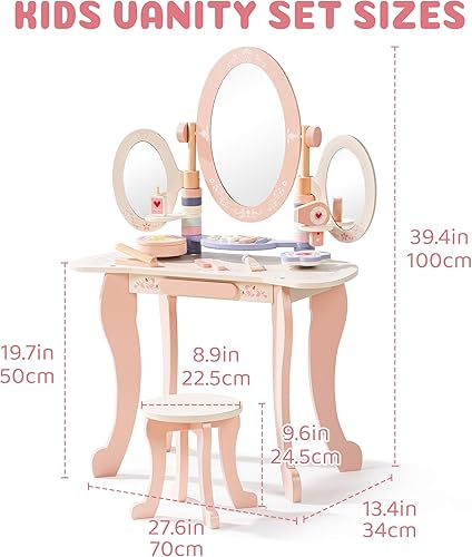 Miniatura 7 de ROBOTIME Juego de tocador para niños con espejo y taburete, mesa de maquillaje rosa de madera con 11 accesorios, tocador de belleza con espejos,
