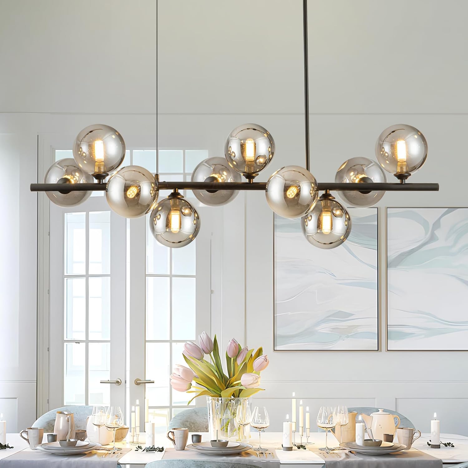 Linear Chandeliers for Dining Room 10 Light Modern Linear Chandelier Sputnik Ceiling Light Fixture, 40" Island Lights for Kitchen with Smokey Gray Lampshade Dining Room Chandelier Height Adjustable
