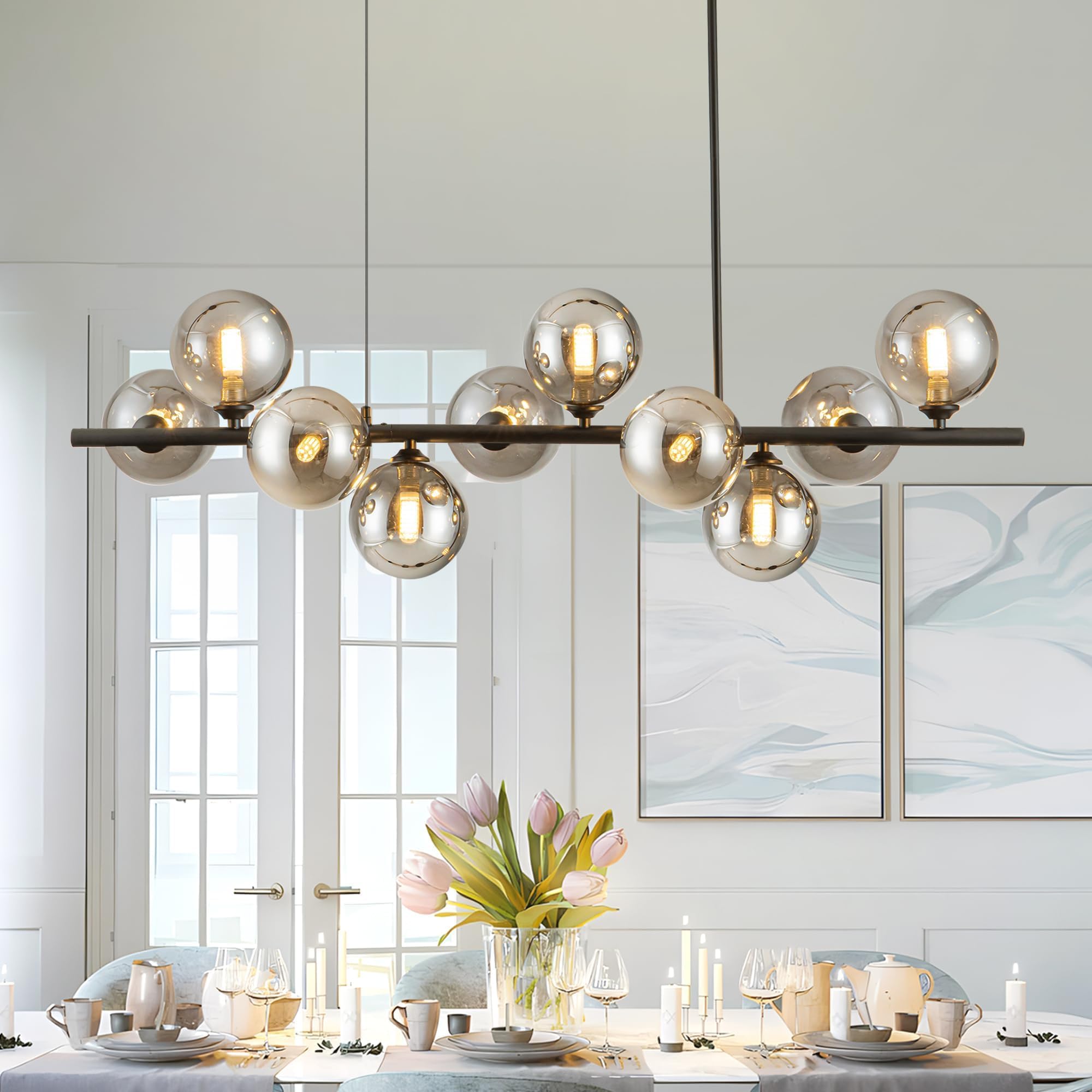 Linear Chandeliers for Dining Room 10 Light Modern Linear Chandelier Sputnik Ceiling Light Fixture, 40" Island Lights for Kitchen with Smokey Gray