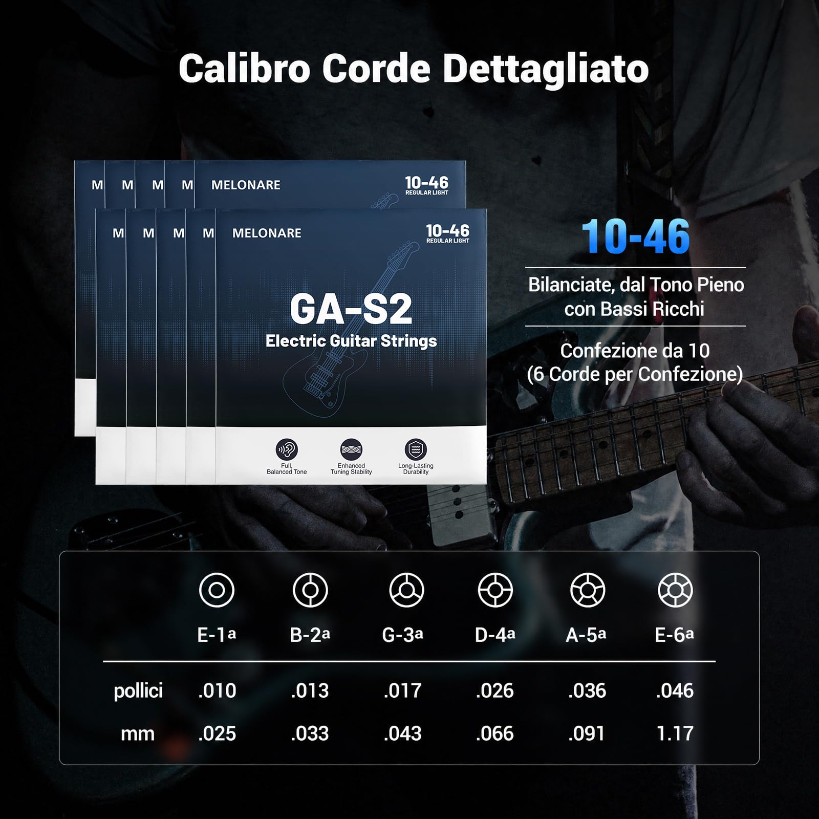 MELONARE Corde per chitarra elettrica, estremità a sfera, avvolgimento in acciaio nichelato, anima esagonale e rivestimento antiruggine, 10–46 Regular Light, confezione da 10 (GA-S2-10)