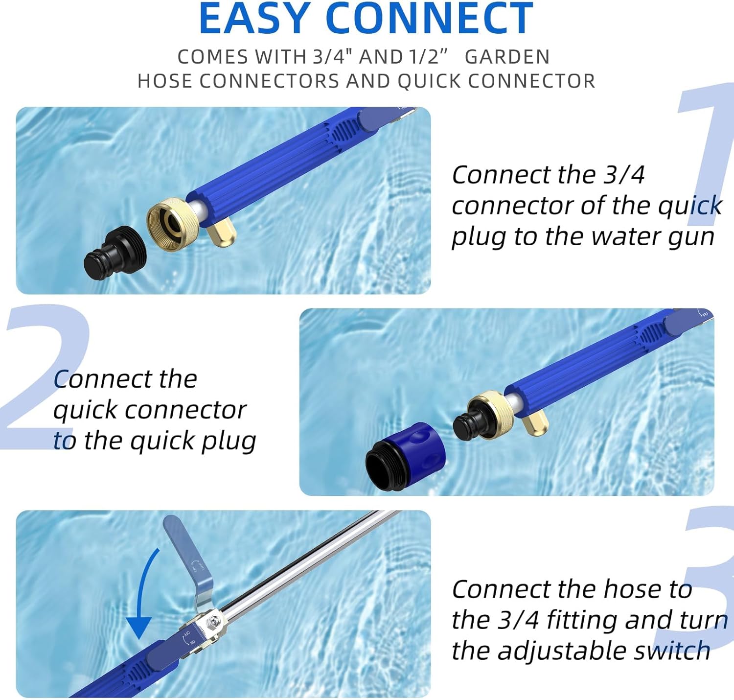 Buyplus Jet Nozzle High Pressure Hose Nozzle, 2-in-1 High Pressure Power Washer for House, Jet Nozzle for Garden Hose Power Washer Wand with 3 Different Tips, Quick Connectors and Gloves, 18 Inch Blue