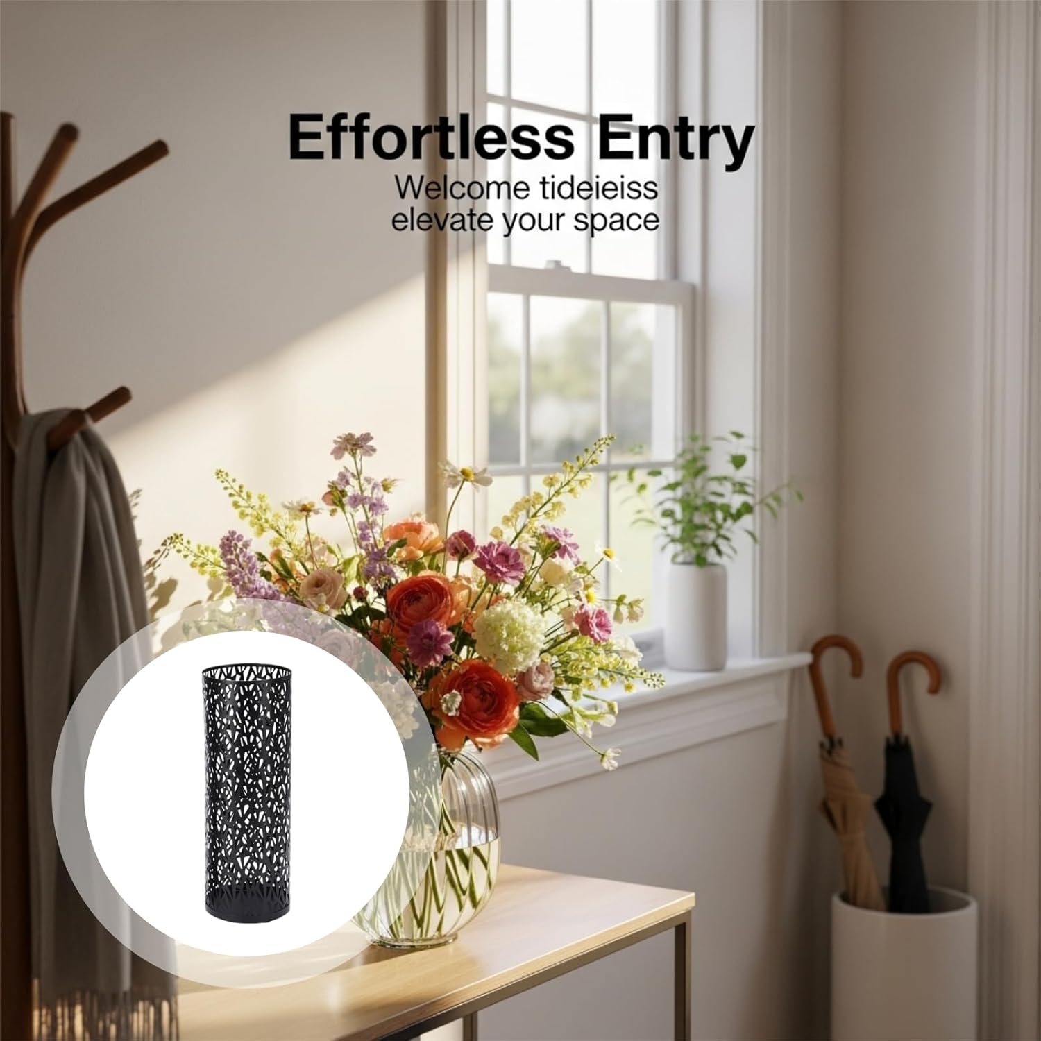 Metal Floral Cutout Umbrella Stand, 16.5 in / 42 Cm Tall, Black Decorative Stand for Entryway, Lightweight Indoor Home Office Versatile Organizer