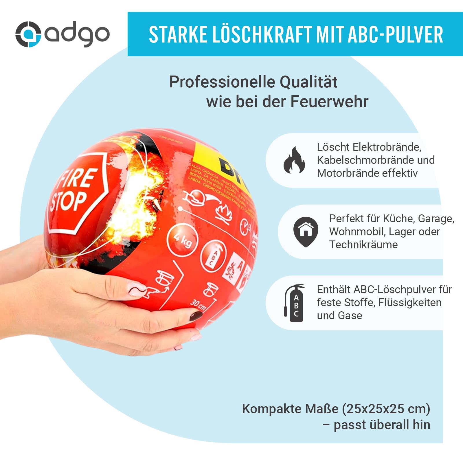 Feuerkugel - Feuerlöscher ABC - Feuerlöscher Auto - Feuerwehr Zubehör - Feuerlöscher 4kg - Feuerlöscher klein 25x25x25 cm mit Feuerlöscher Halterung - Automatische Reaktionszeit 3-5 Sekunden