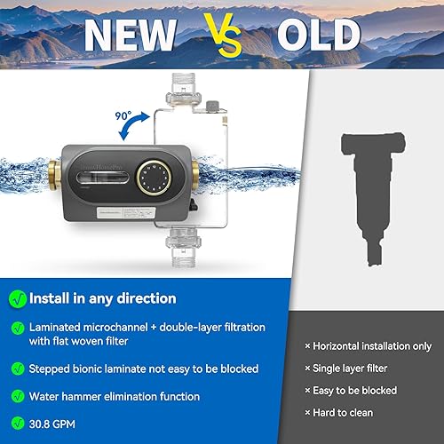 Miniatura 2 de Filtro de sedimentos giratorio para toda la casa, sistema de prefiltración de 40 micrones con instalación de 360 y reducción de martillo de agua,