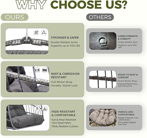 Miniatura 8 de RADIATA Silla plegable colgante con forma de huevo, sin soporte, para interiores y exteriores, silla de mimbre con cómodo cojín, 350 libras,