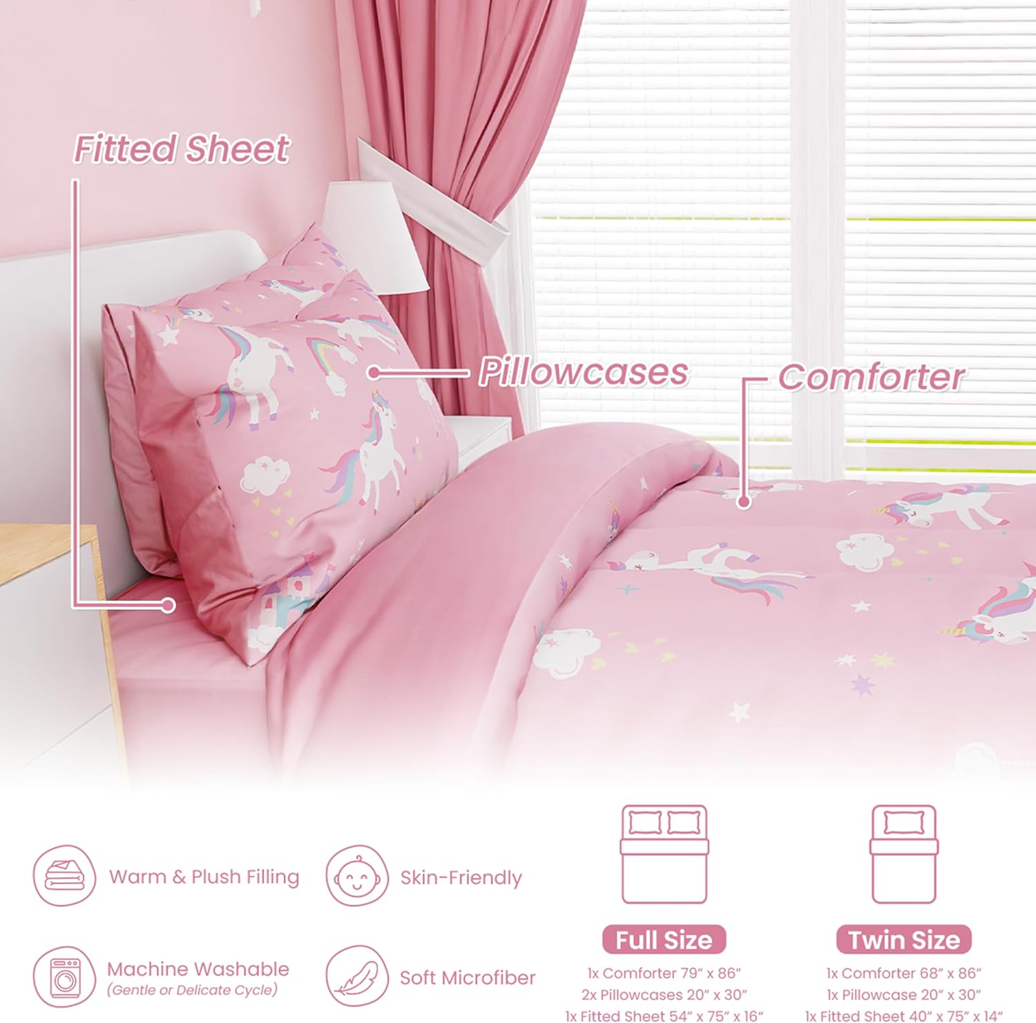 SANDJEST Unicorn Comforter Set Full Size 98x86in for Kids Girls, Microfiber 4 Pcs Bedding Set Includes 1 Comforter, 2 Pillowcases, 1 Fitted Sheet, Nursery Room Decor - Image 3
