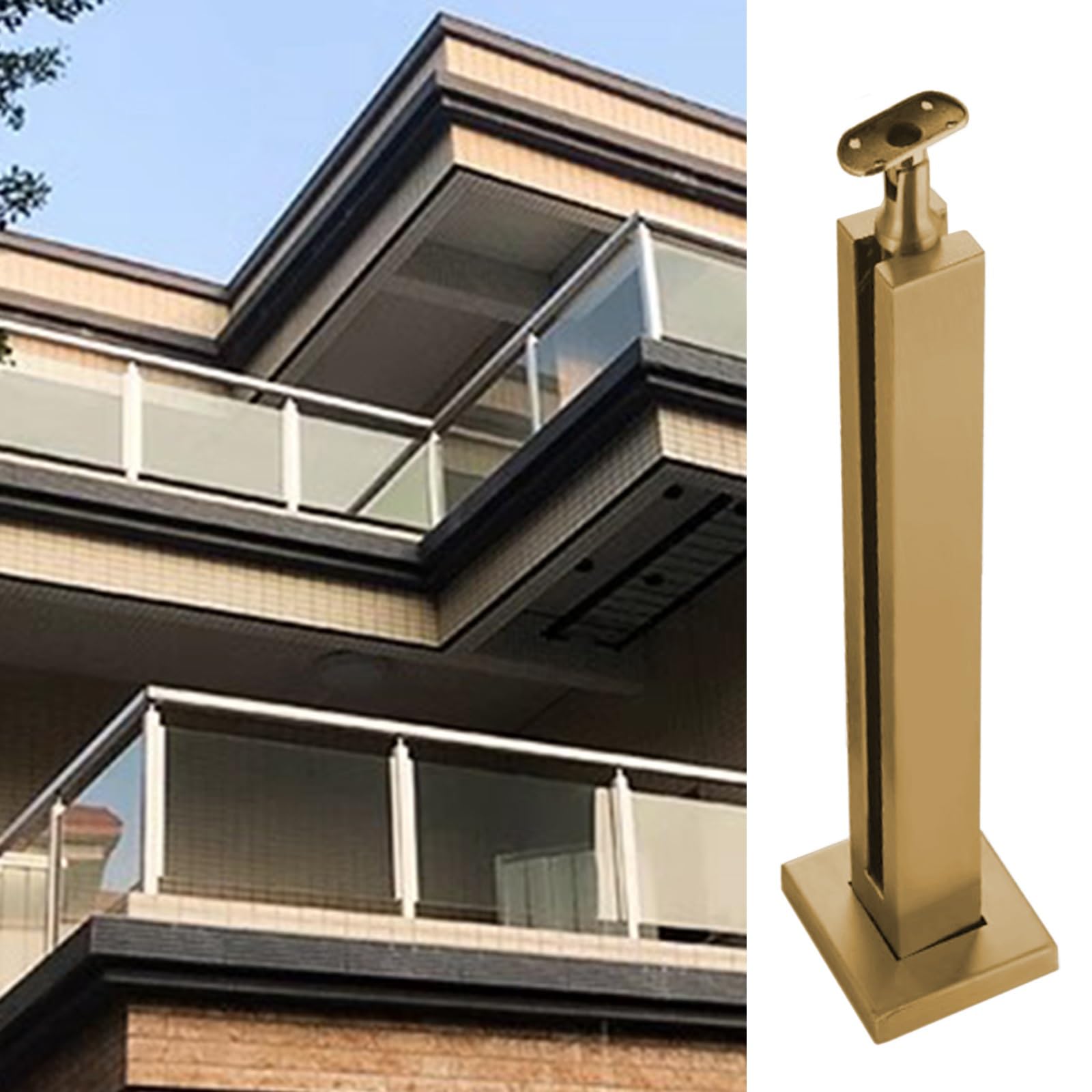 Garde-corps en verre sans cadre lourd grâce au poteau central doré de 125 cm