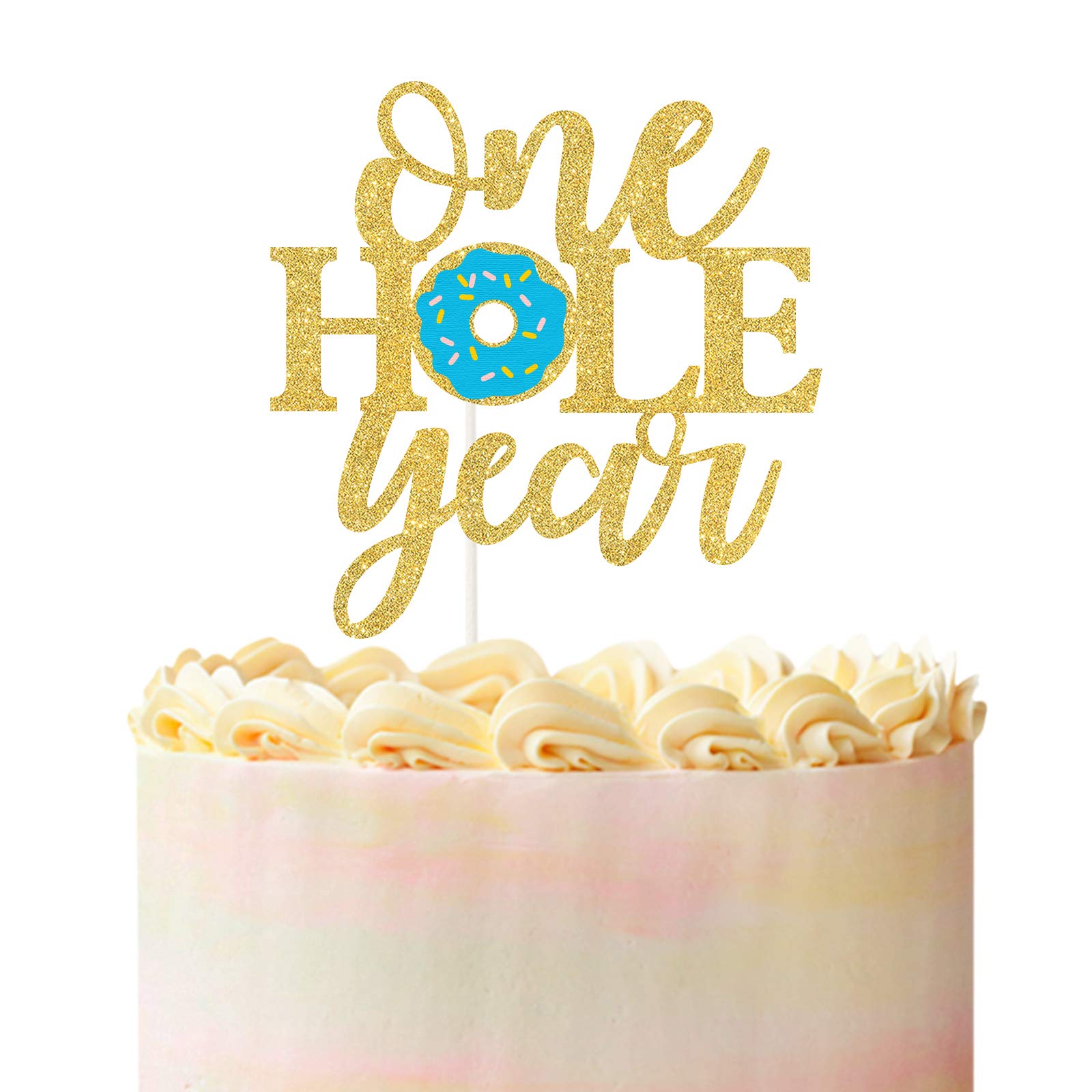 One Hole Year Donut Cake Topper,Donut First Birthday/Dount Grow Up Cake Decor,Happy 1st Birthday Party Decorations,Donut Smash Photo Prop