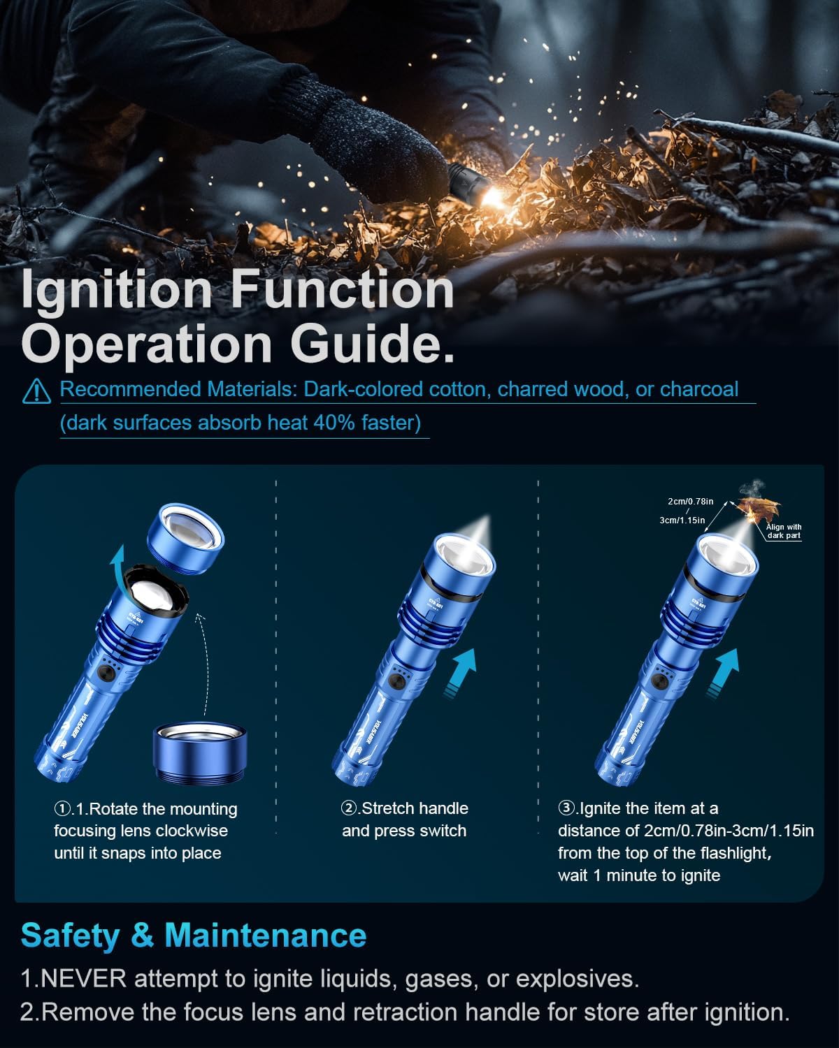 Flashlight 2000 High Lumens, Rechargeable Zoomable LED Tactical Flashlight with Ignition Lens, Emergency Flashlight for Camping Home Security, 5 Modes Waterproof Handheld Flashlights (Blue)