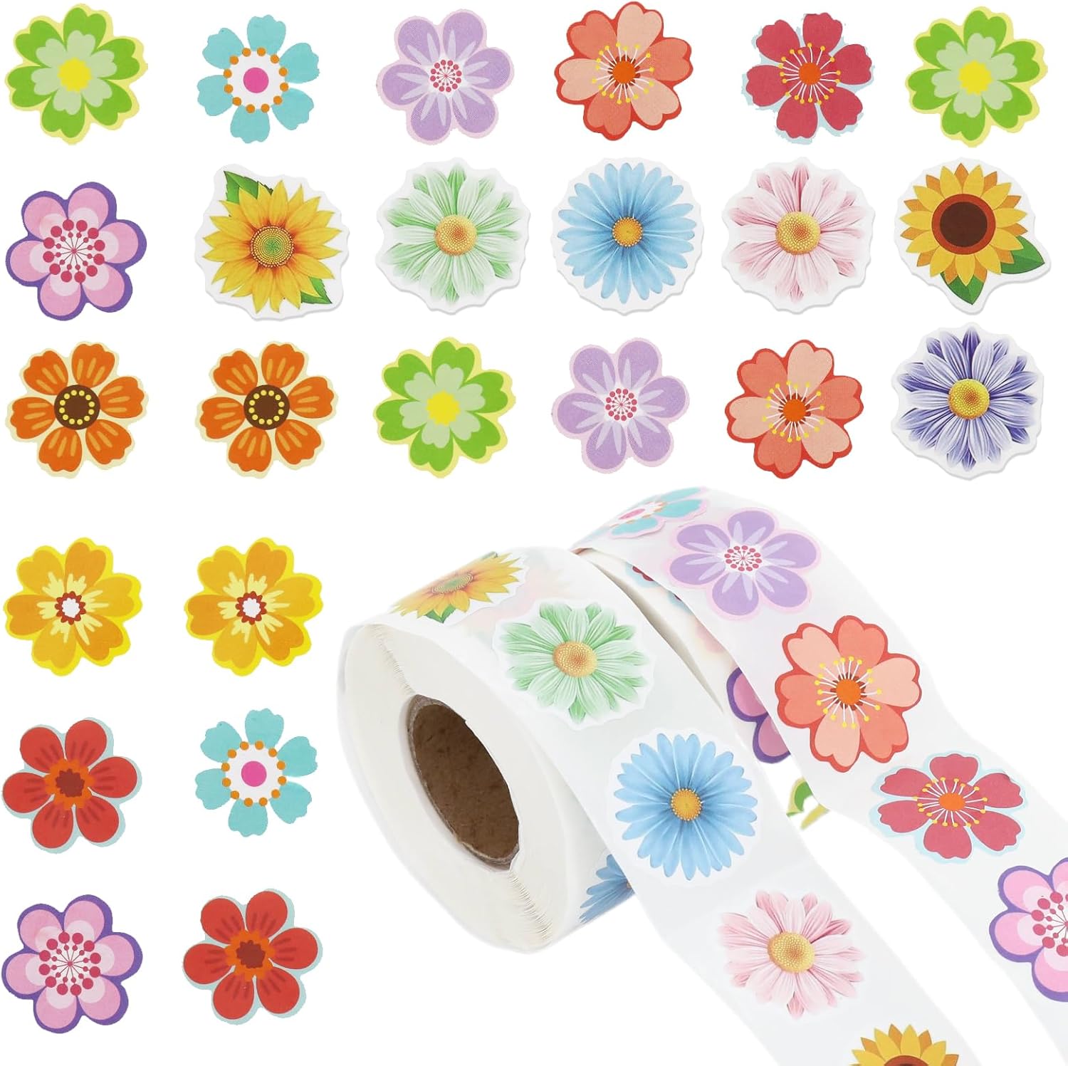 1000pcs Flower Stickers for Kids 2 Rolls of Spring Summer Roll Sticker for Envelopes Cards Party Supply Decoration 21 Design