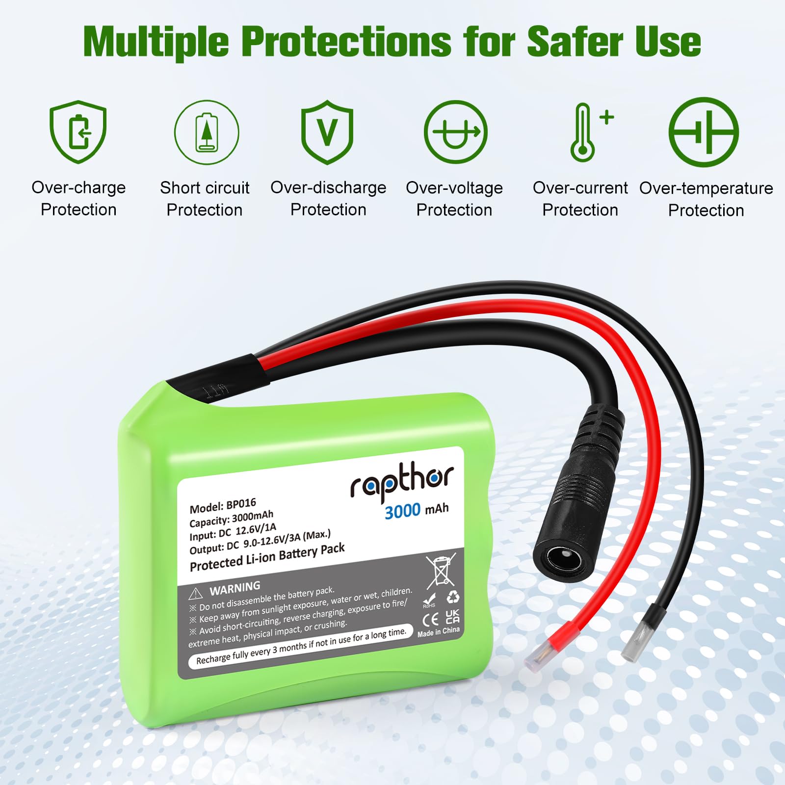 Rapthor 12V 3000mAh DC Wiederaufladbarer Lithium-Ionen-Akku 3Ah mit Ladegerät und DC5521-Stecker für Router, CCTV-Kamera, LED-Streifenlicht, DIY-Werkzeuge und andere 12-Volt-Geräte (kleine Größe)