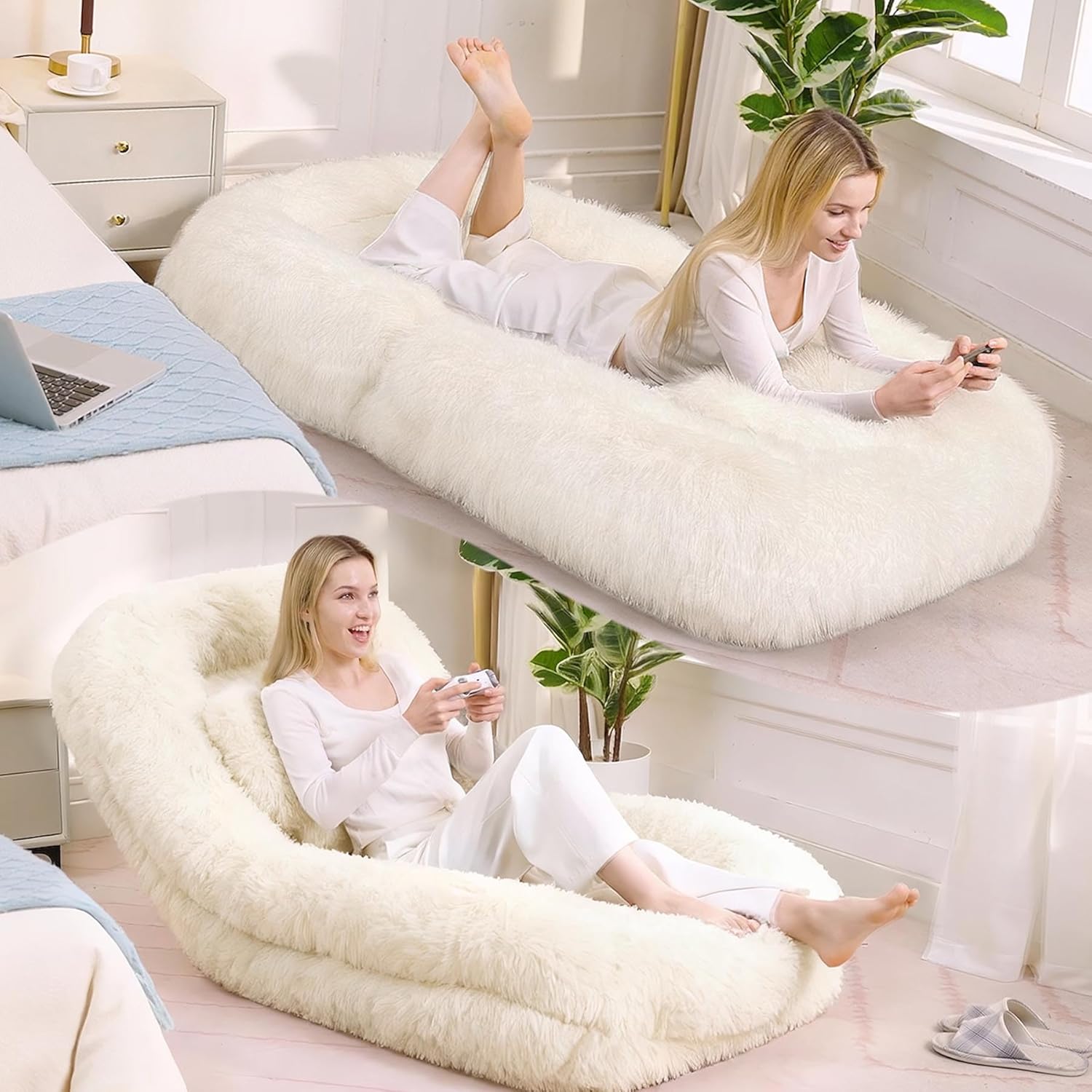 69” Foldable Human Dog Bed for Adult with Adjustable Backrest, Extra Large Dog Bed & Sofa, Floor Chair with Pillow for Living Room Gaming Room, Plush, Memory Foam, No Aseembly (Beige)