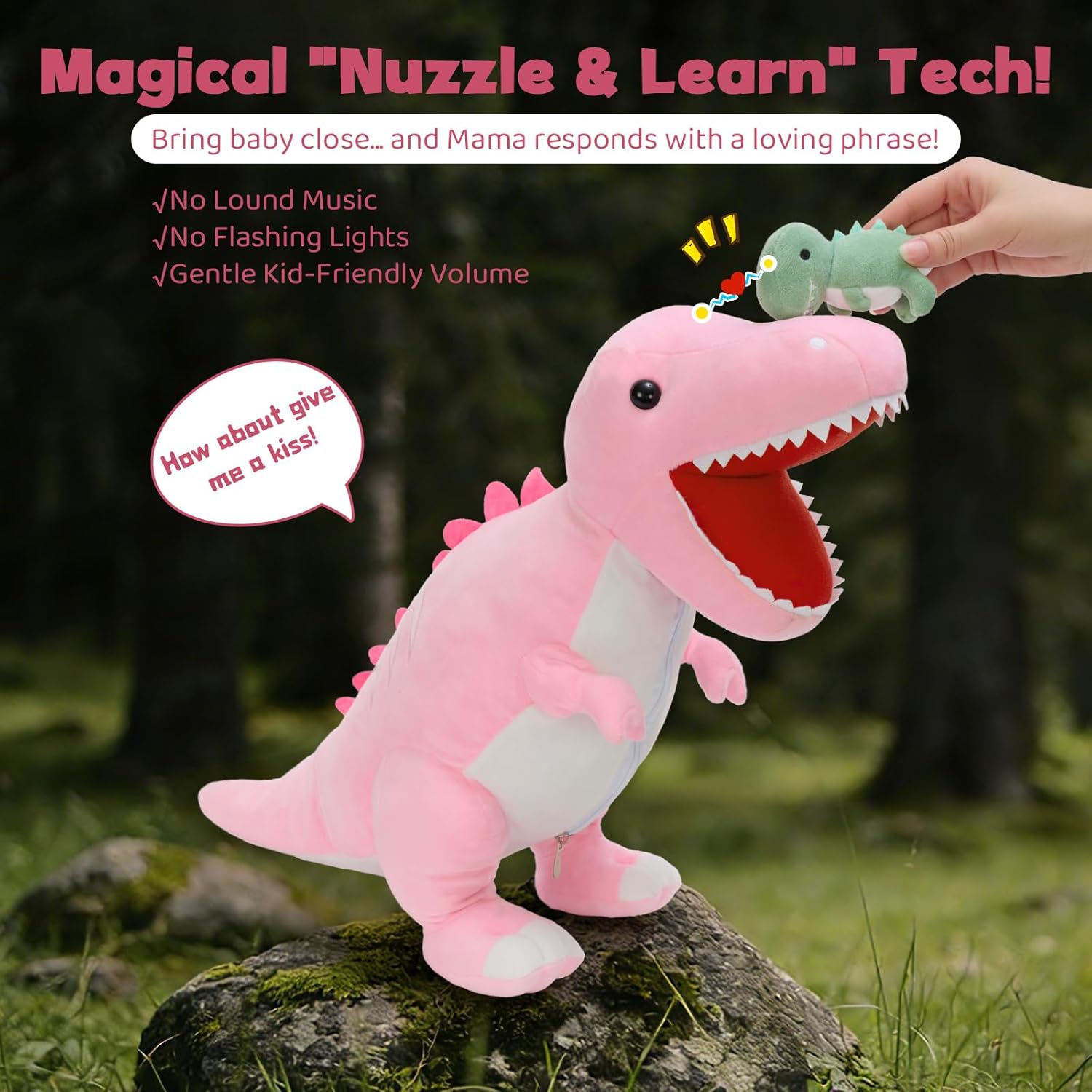MorisMos Dinosaur Stuffed Animal with Babies Inside Belly, 23.6'' Interactive Talking Mommy Stuffed Dino T-rex Plush with 3 Baby Dinos & Eggs, Boy Girl Dinosaur Toys for Kids 3-8, Pink T-rex Toys Gift