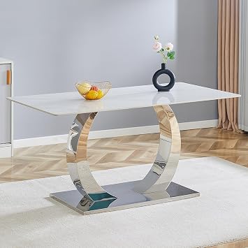 63 Marble Dining Table for 4-6 People, Dining Room Table for Modern Decorate, White Marble Kitchen Table Top with Sliver Metal Base, Rectangular Dining Table